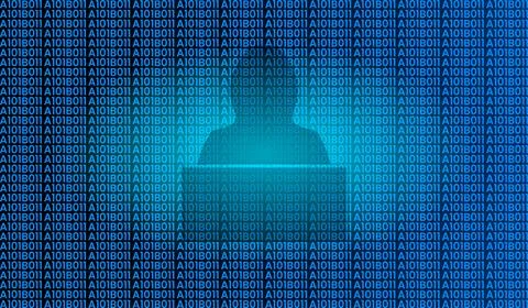 Hacker using laptop on hexadecimal and binary code pattern blue background Stock Illustration