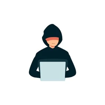 Hacker using a laptop icon, criminal man in a hoodie breaking into computer's Stock Illustration
