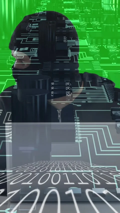 Hacker using laptop over binary coding against circuit of connections Stock-Footage 343641508