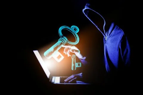 Hacker using laptop to protect information from cyber attack on digital tab.. Stock Illustration