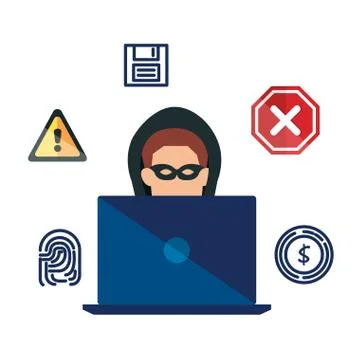 Hacker using laptop with security icons 스톡 일러스트