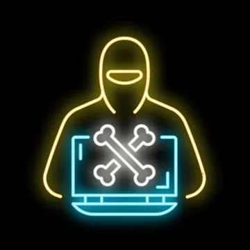 Hacker using laptop with skull and crossbones symbol neon sign 库存插图