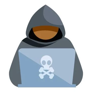 Hacker using laptop with skull and crossbones symbol, cybercrime concept Stock Illustration