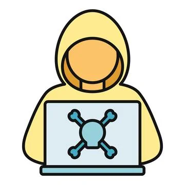 Hacker using laptop with skull and crossbones symbol Stock Illustration