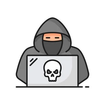 Hacker using laptop with skull planning attack Stock Illustration