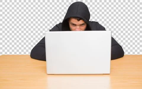 Hacker using laptop to steal identity at desk Stock Photos