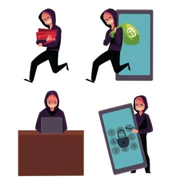 Hacker using laptop, stealing credit card information, money, identity Illustrazione stock