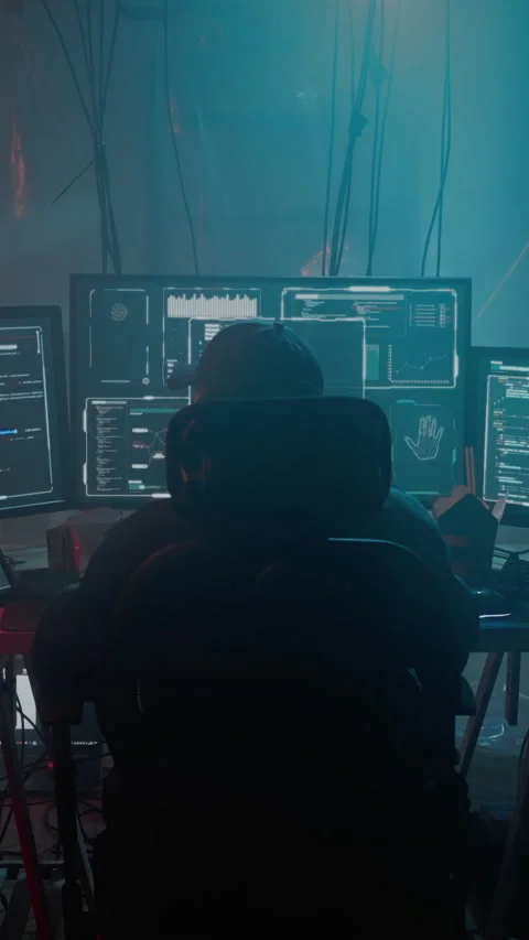 Hacker using pc for cracking server system at hideout space Stock Footage 314502729