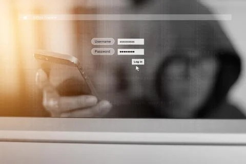 Hacker using smartphone and Log On Screen with digital code Stock Photos