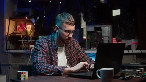 Hacker using usb flash drive close-up. Young man developing program, IT Stock Footage 166858550