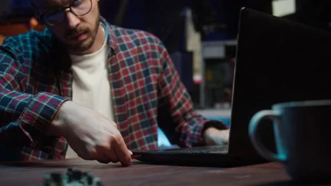 Hacker using usb flash drive close-up. Young man developing program, IT Stock Footage 166859267