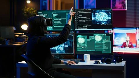 Hacker using virtual reality headset to code malware Foto stock