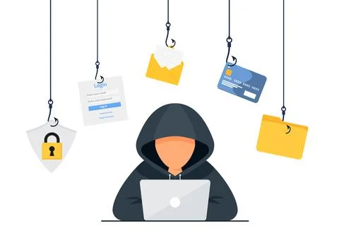 Hacker vector concept: Unknown man stealing data from the email while using l Stock Illustration