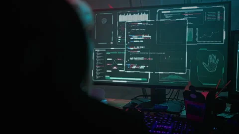 Hacker watches server decoding process on computer monitors Stock Footage 257804781
