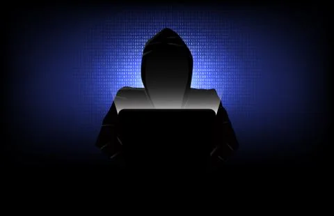 Hacker wearing hood and computer with abstract background digital number 库存插图