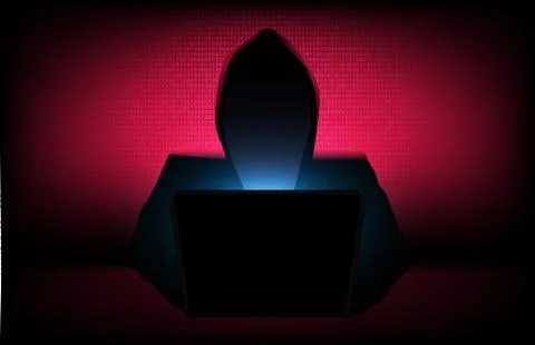 Hacker wearing hood and computer with abstract background digital number 库存插图