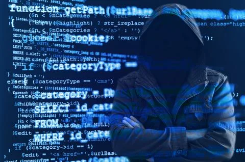 Hacker without face surrounded by source code Stock Photos