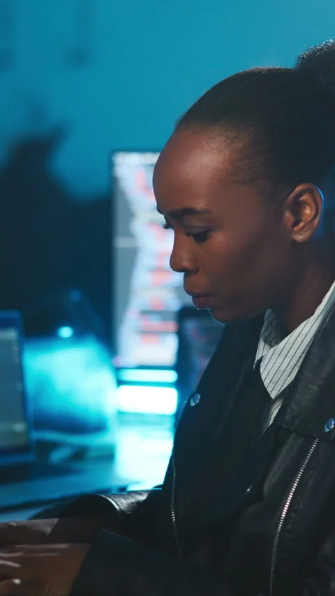 Hacker, woman and typing in basement with computer, cyber attack and coding Stock Footage 333674091
