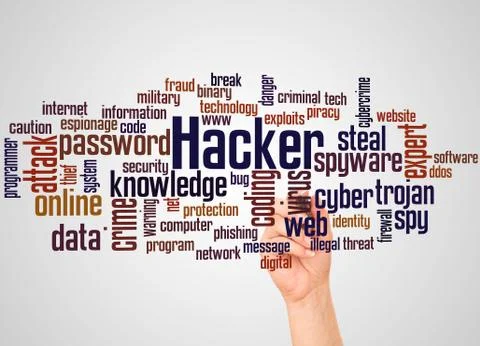 Hacker word cloud and hand with marker concept Stock-Illustration