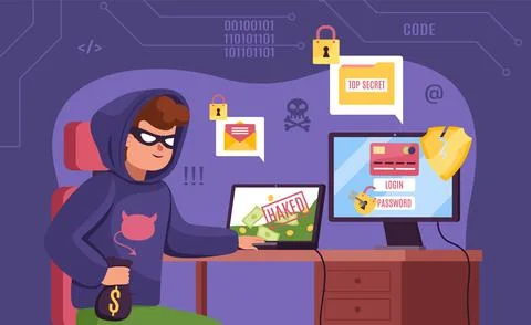 Hacker work. Cybercriminal workplace. Digital thief commits hacking. Guy in mask Stock Illustration
