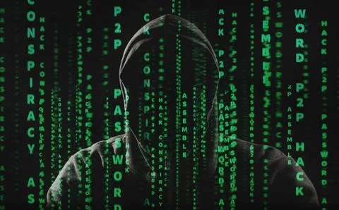 Hacker at work with graphic user interface around 스톡 사진