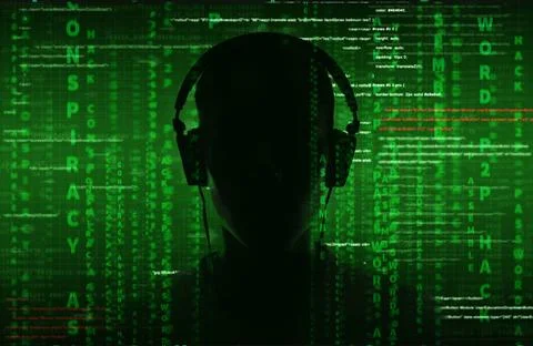 Hacker at work with graphic user interface around Foto stock