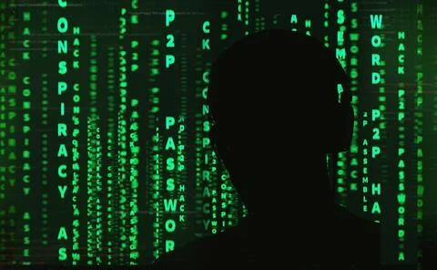 Hacker at work with graphic user interface around Stock-Fotos