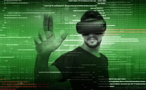 Hacker at work with graphic user interface around Stock-Fotos