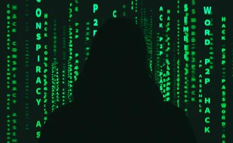 Hacker at work with graphic user interface around Stockfoto's