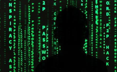 Hacker at work with graphic user interface around Stock-Fotos