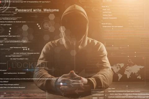 Hacker at work with graphic user interface around Stock-Fotos
