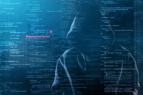 Hacker at work with graphic user interface around Stock-Fotos