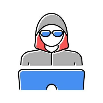 Hacker work at laptop color icon vector illustration Stock Illustration