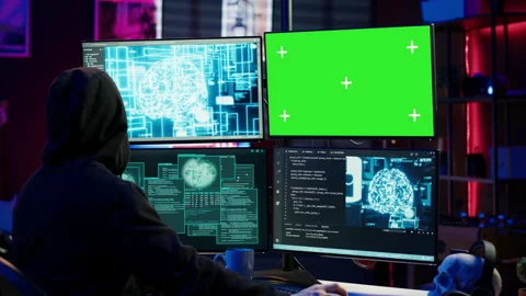 Hacker working on chroma key PC using artificial intelligence tech Stock Footage 275864411