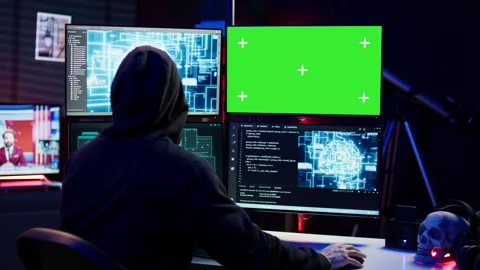 Hacker working on chroma key PC using artificial intelligence tech Stock Footage 275864697
