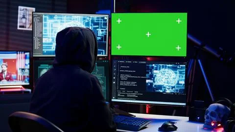 Hacker working on chroma key PC using artificial intelligence tech Stock Photos