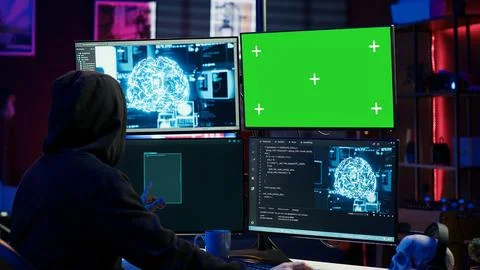 Hacker working on chroma key PC using artificial intelligence tech Stock Photos