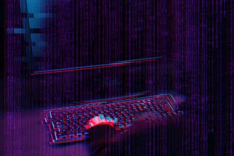 Hacker working with computer in dark room with digital interface around. Image Stock Photos