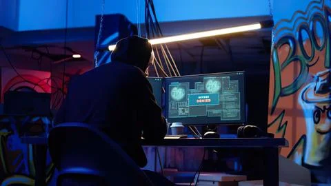 Hacker working in a dimly lit tech workspace Stock Photos