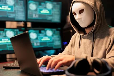 Hacker working on laptop with cyber security screens Stock Photos