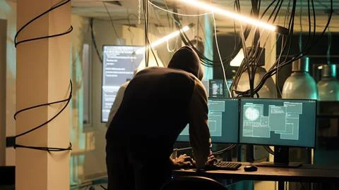 Hacker working on multiple computer screens at night Stock Photos
