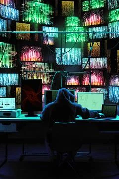 Hacker working on multiple devices while encrypted data flows across digital Stockfoto's