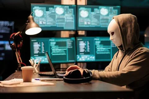 Hacker working on multiple screens at night Stock Photos