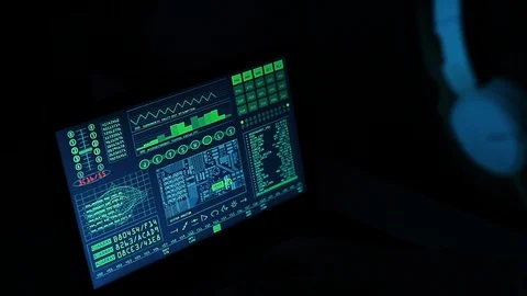Hacker Works On A Computer with Data Display Screens Stock Footage 128779458