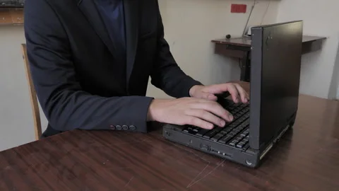 Hacker Works With Old Laptop, Hands Close Up Video Stock Footage 283658441