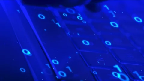 Hacker writing binary data code on laptop at night in close up Stock-Footage 124704277