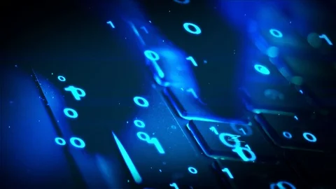 Hacker writing binary data code on laptop at night in close up Stock Footage 124704290