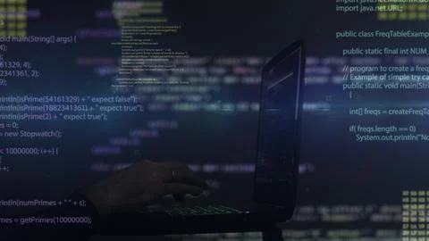 Hacker writing code cracking computer. Programming code in the background. .. Stock Photos