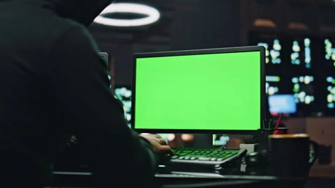 Hacker writing data chroma key computer in night room closeup. Programer working Stock Footage 260245625