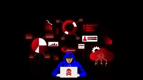 Hacker. Young guy in oodie using laptop, working with cyber security system Foto stock